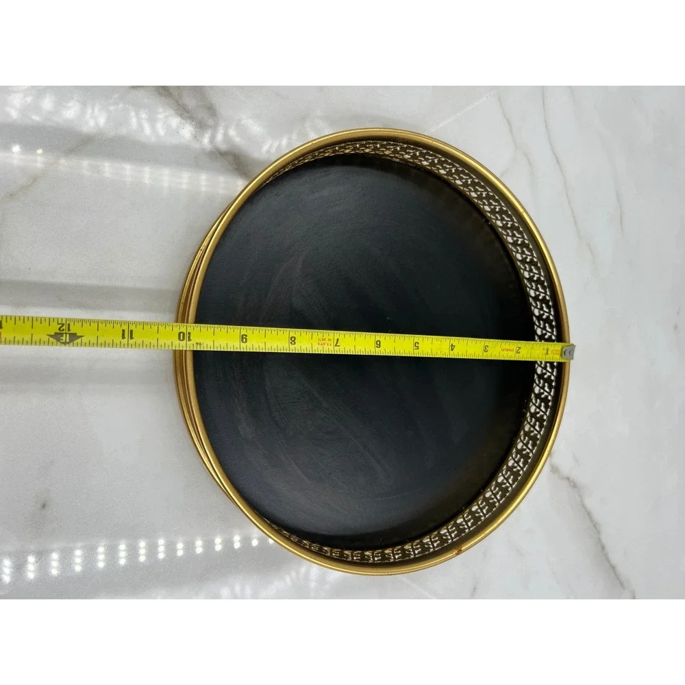 Vintage Gold Ornate Filigree Round Vanity Tray Black Base Hollywood Regency 10in